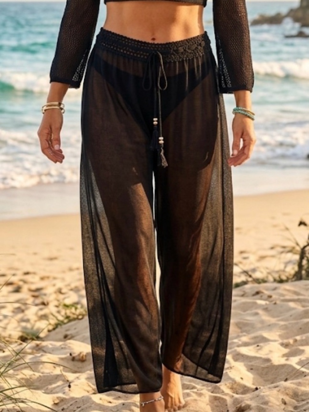Robin Piccone Black Sheer Mesh Crop Top & Wide-Leg Coverup Pants